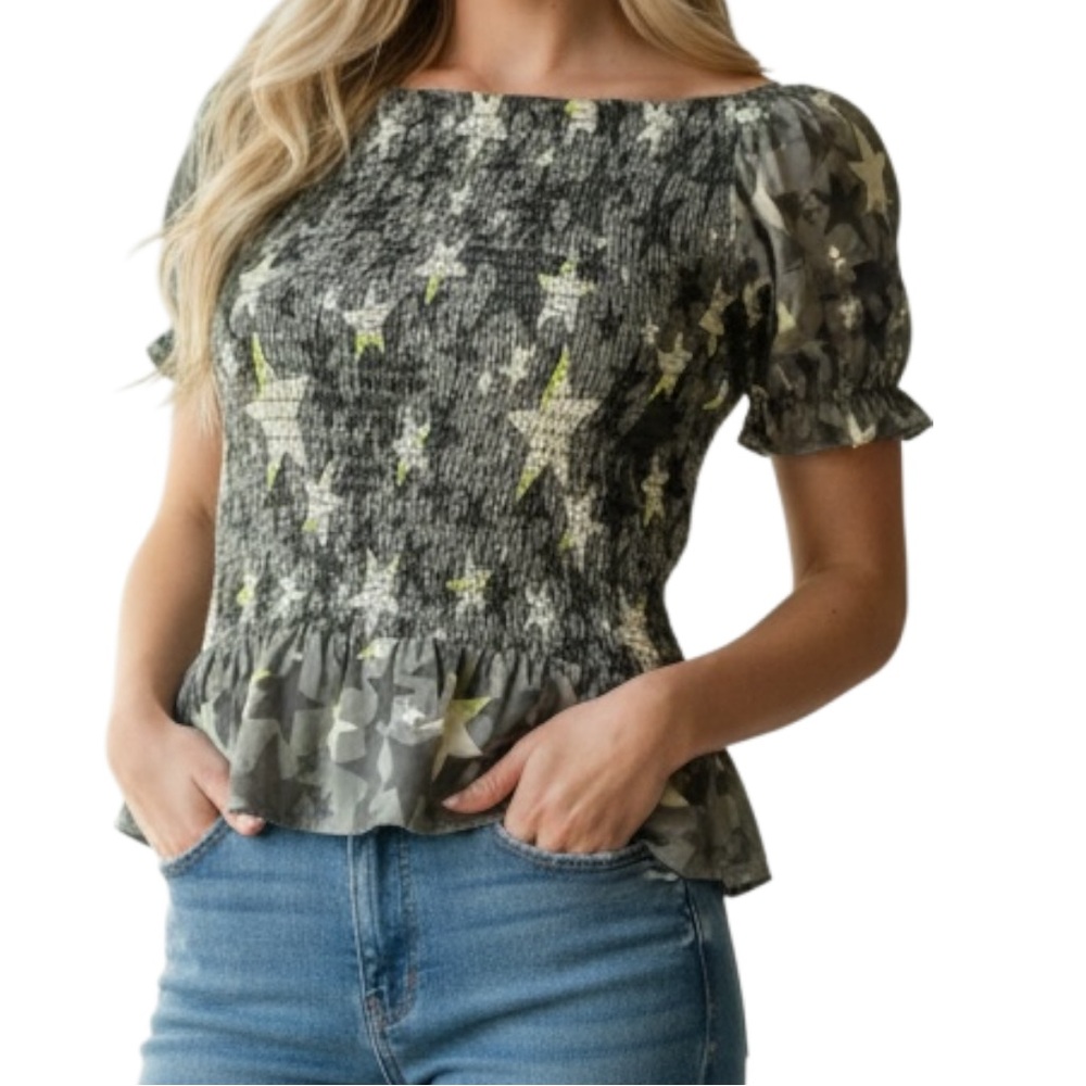CANDIE’S Star Patterned Olive and Lime Blouse